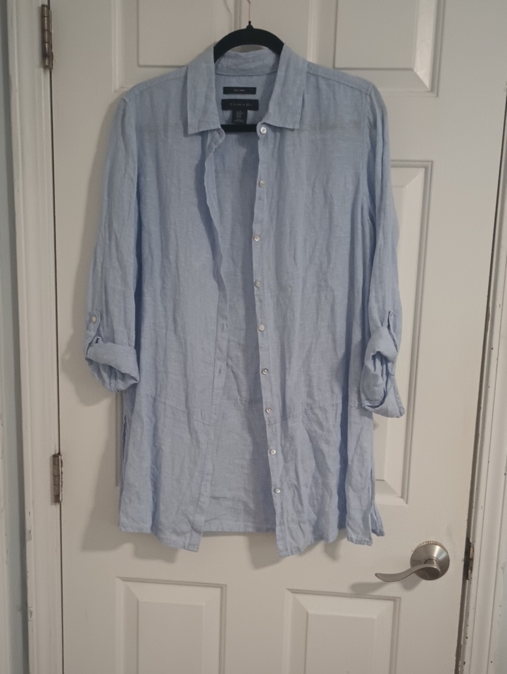 Tahari Light Blue Linen Button-Up Linen Blouse